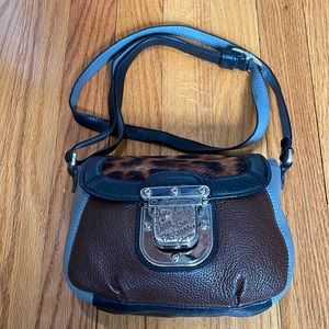 Brighton leather mini crossbody. Gray, black, brown leathers & leopard print.